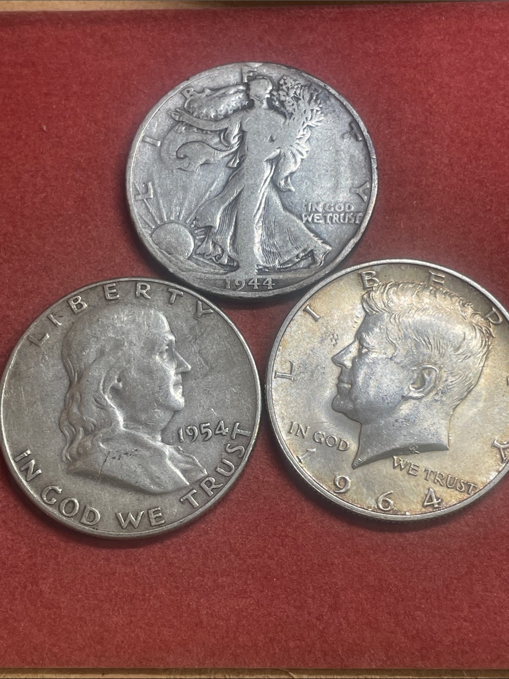 Vintage lot of 3 half dollars- 1944, 1954, 1964 all minted in Denver 90% Silver